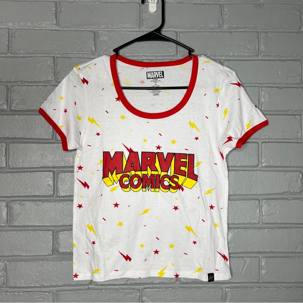 Marvel Comics White Ringer Tee with Red & Yellow Graphics - Picture 2 of 8